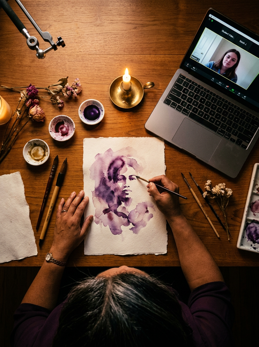 Anne-Marie Bond painting a watercolour portrait at her table by candlelight, with a live Zoom call open beside her