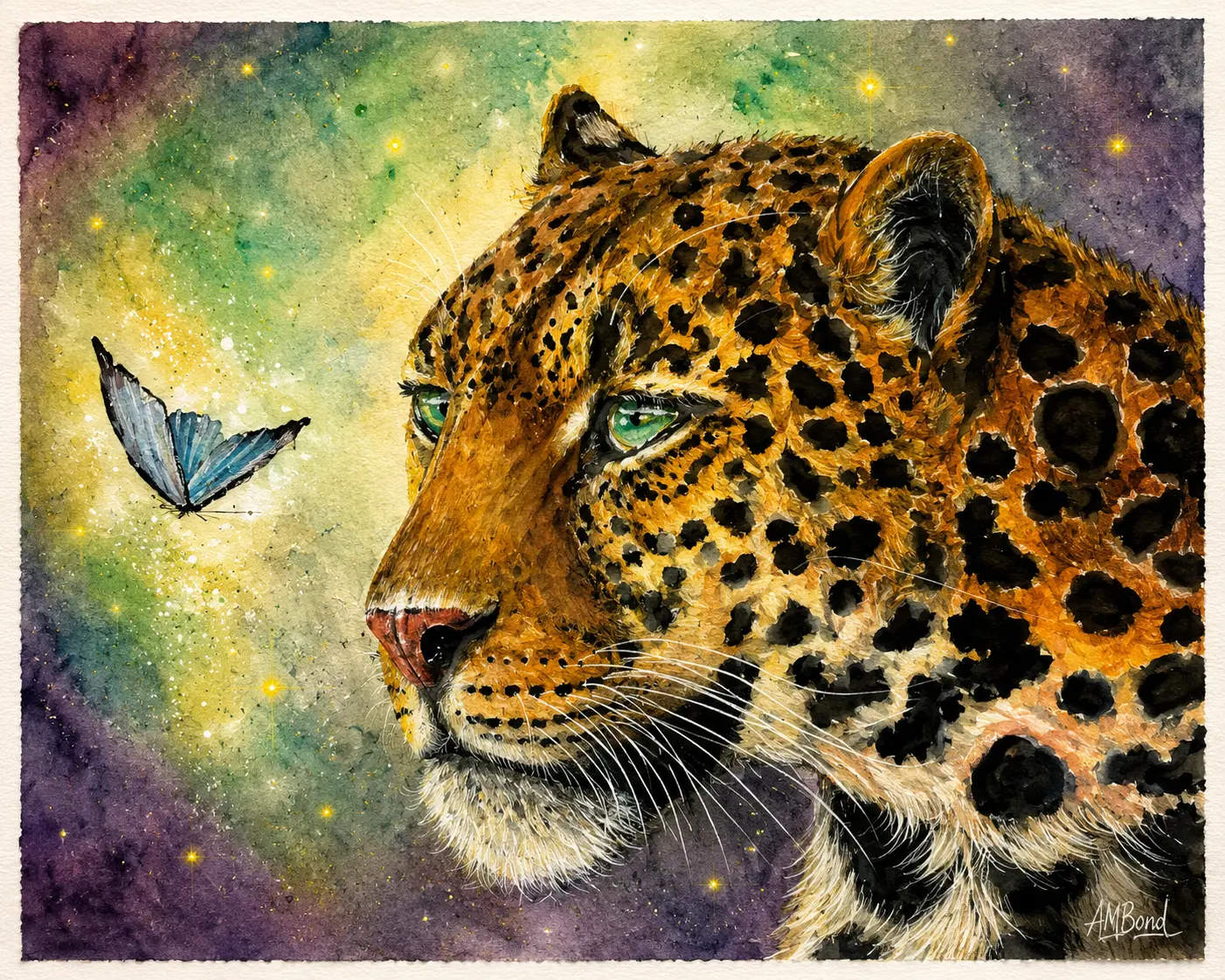Watercolour leopard with a blue butterfly, painted by Anne-Marie Bond