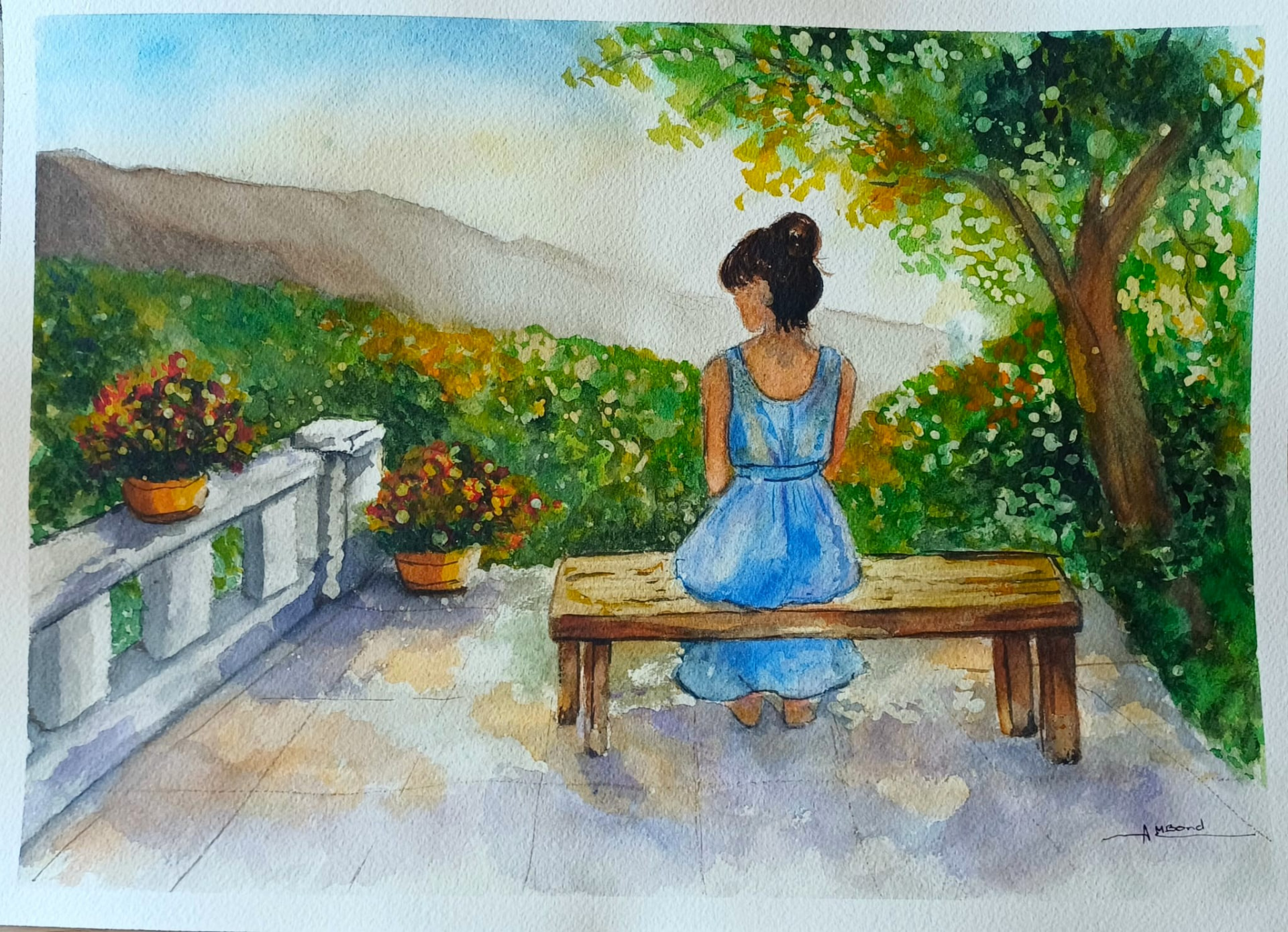 Watercolour of a woman in a blue dress sitting on a bench overlooking hills