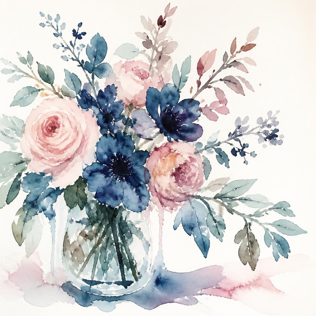 Soft watercolour roses and blue anemones in a glass jar