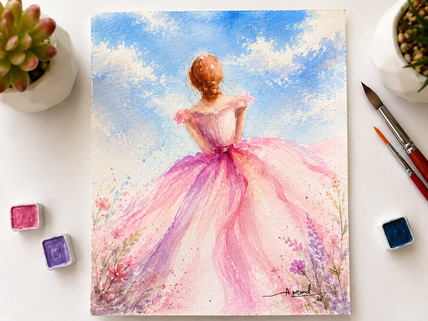 Watercolour of a ballerina in a pink gown, painted by Anne-Marie Bond