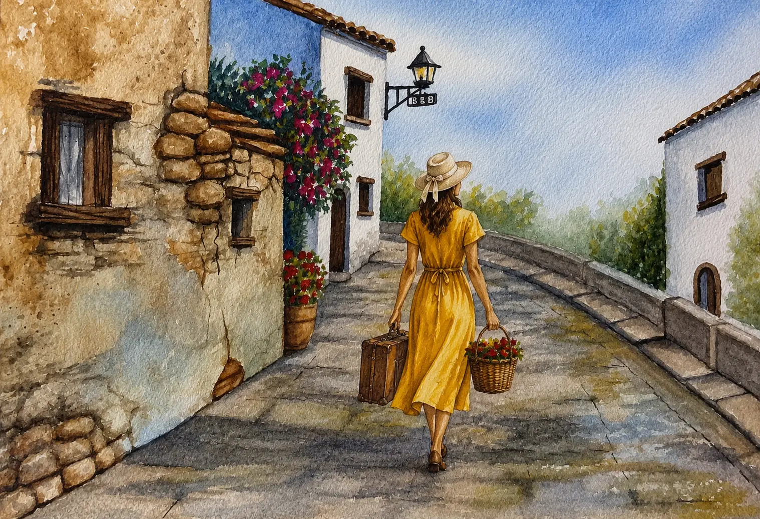 Watercolour of a woman in a yellow dress walking a Mediterranean village lane