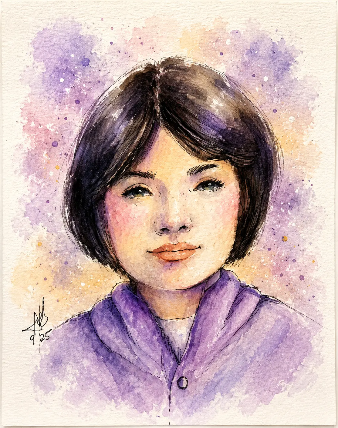 Watercolour and ink portrait of a young woman in a purple jacket