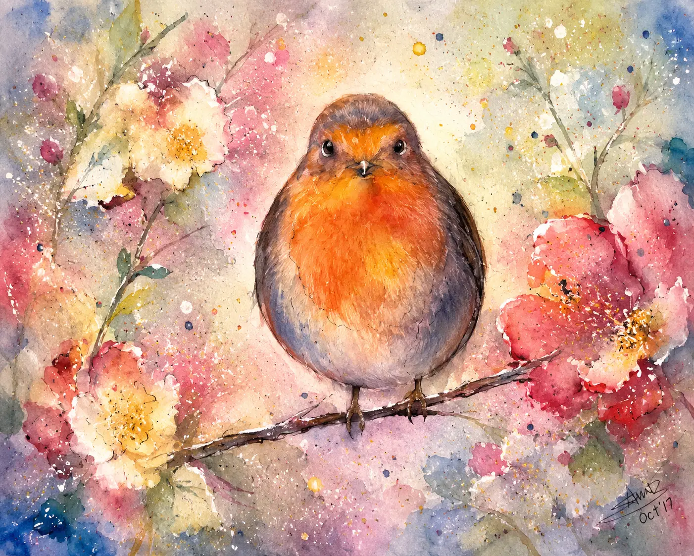 Watercolour robin perched on a blossom branch