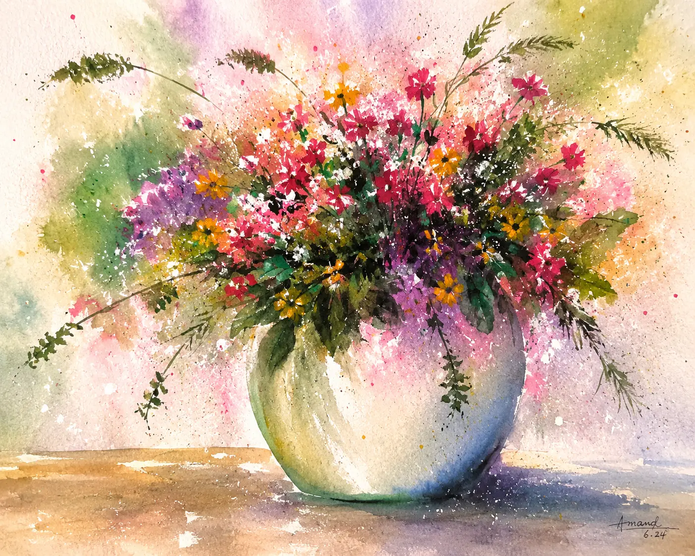 Loose watercolour bouquet of wildflowers in a round vase