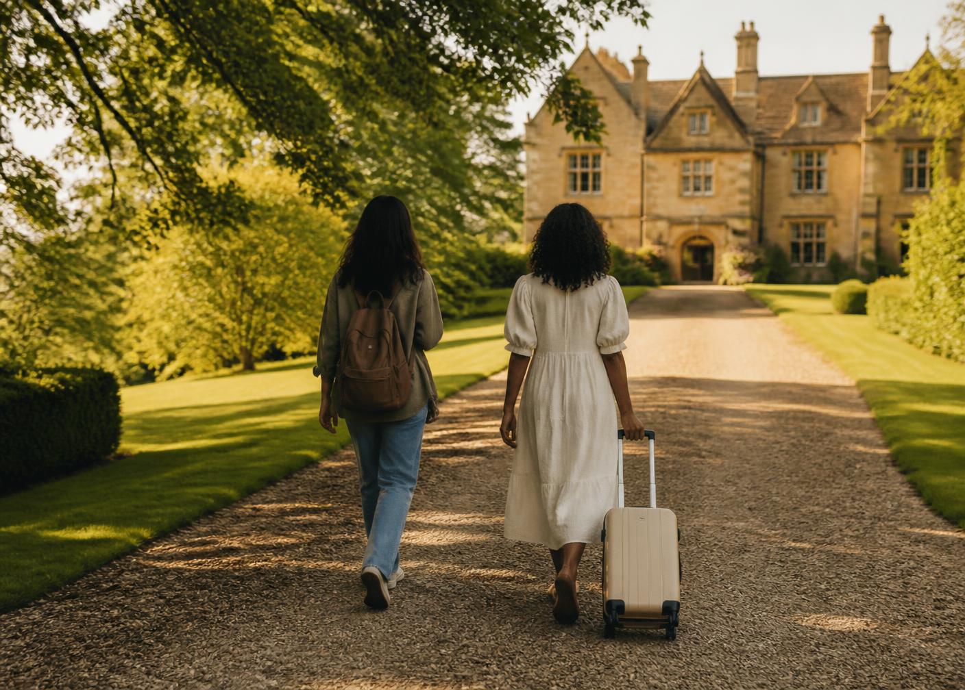 Two retreat guests walking up the drive toward the country house, one with a backpack and one with a small suitcase, seen from behind in soft morning light