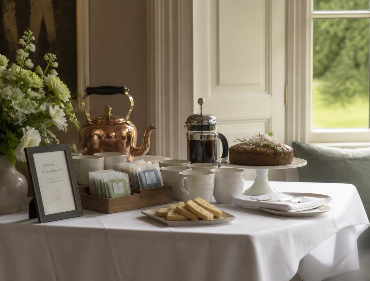 Complimentary tea, coffee and homemade cake laid out for guests