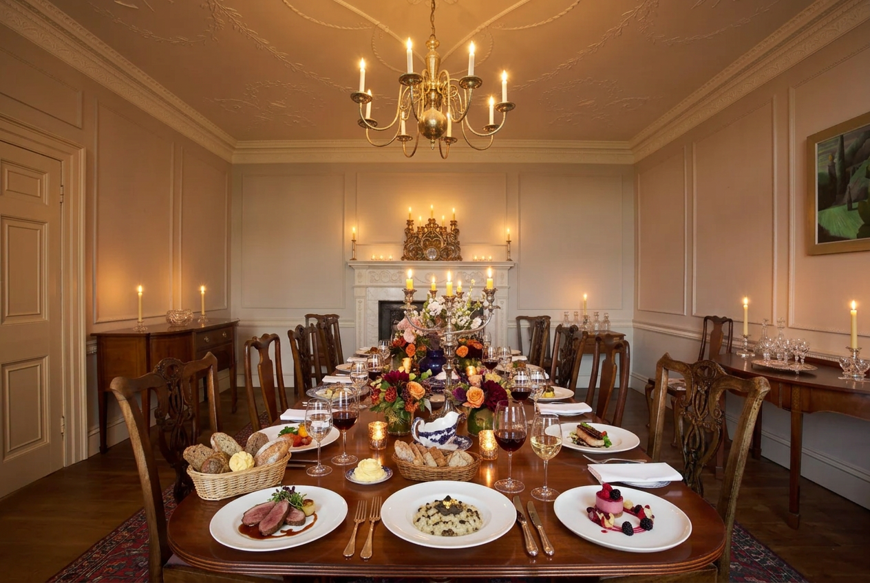 Guests sharing a candlelit dinner around the long dining table