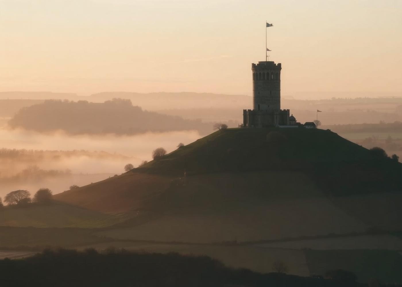 Glastonbury Tor rising above misty Somerset countryside at golden hour