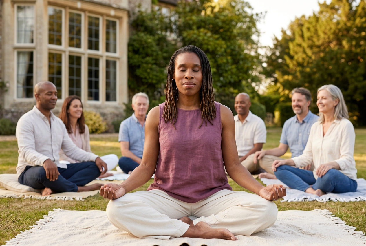 Guided group meditation on the lawns in golden afternoon light