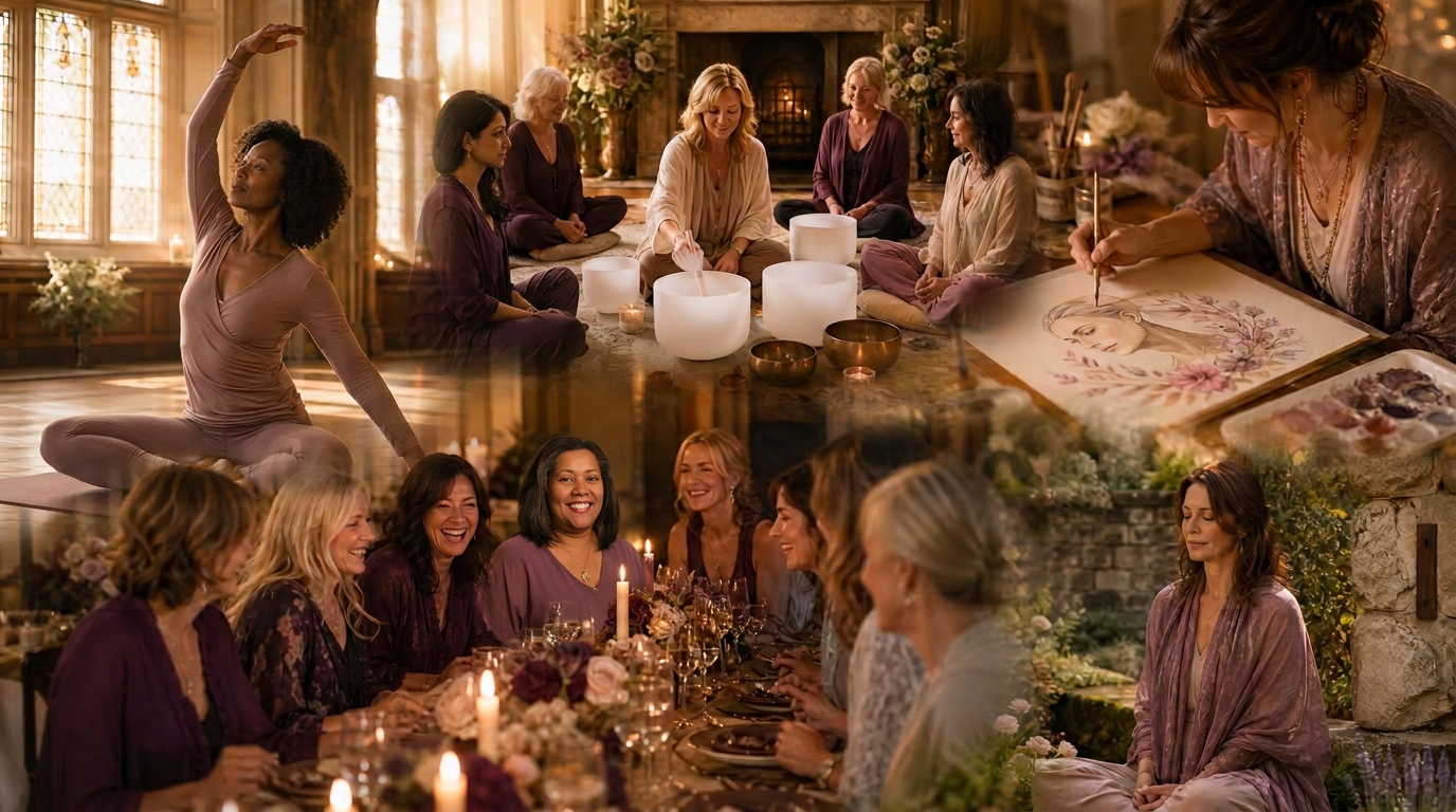 Montage of retreat guests practising yoga, sitting in a sound healing circle, painting spirit art, dining together by candlelight and meditating in the manor gardens