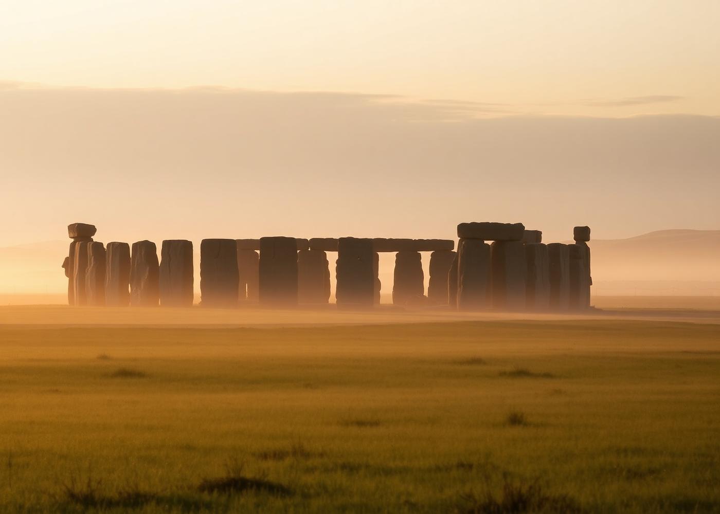 Stonehenge standing stones in soft dawn mist